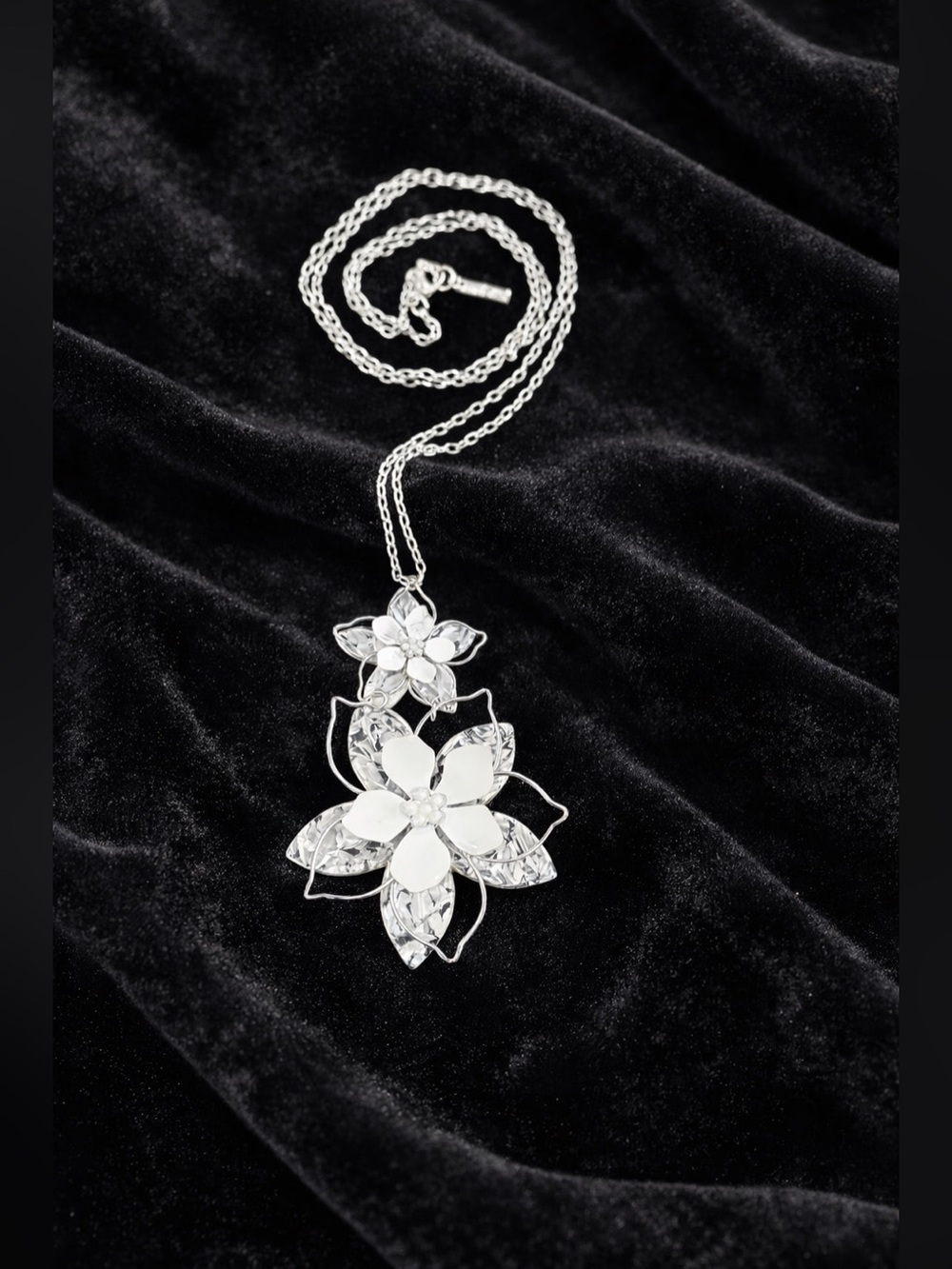 Nine West Silver Chain Necklace with Double Flower Art Glass Pendant